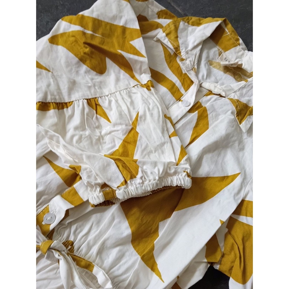 Boho Resortwear 100% Cotton Mustard Yellow White Abstract Maxi Shirtdress S - Picture 8 of 10